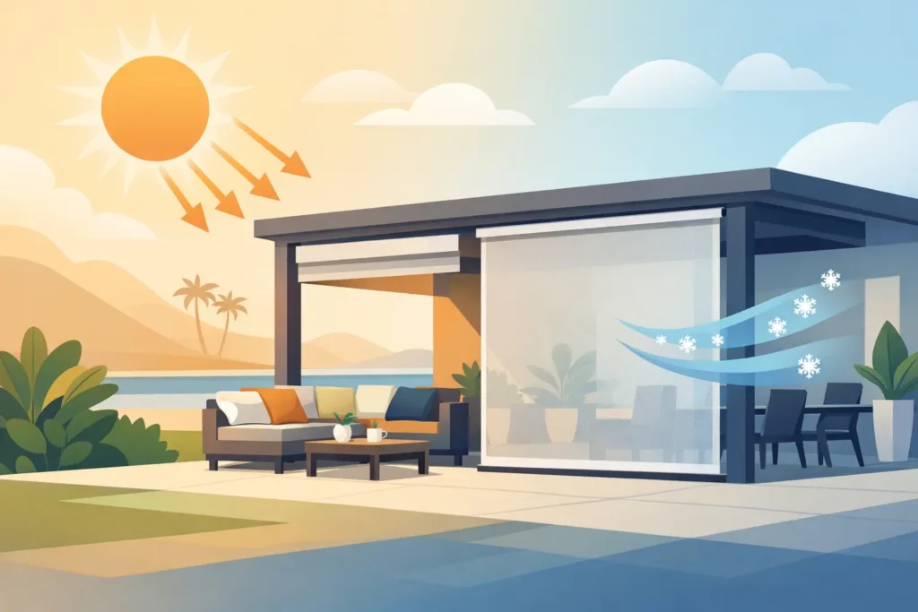 Patio Heat Reduction Blinds for Cooler Outdoor Rooms